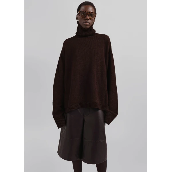 The Frankie Shop Rhea Trapeze Turtleneck - Dark Brown - Oversized Minimalist Knitwear in Brown - Shop at Luxury Shoes 