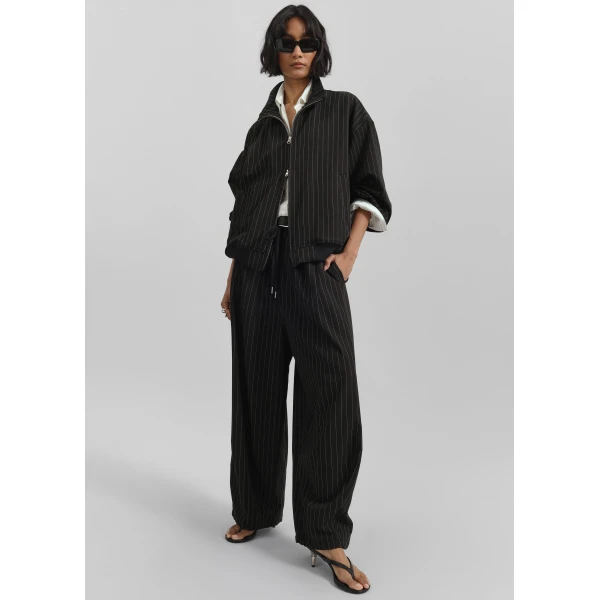 The Frankie Shop Rilton Drawstring Pants - Black/White Pinstripe - Oversized Minimalist Pants in Black - Shop at Luxury Shoes 