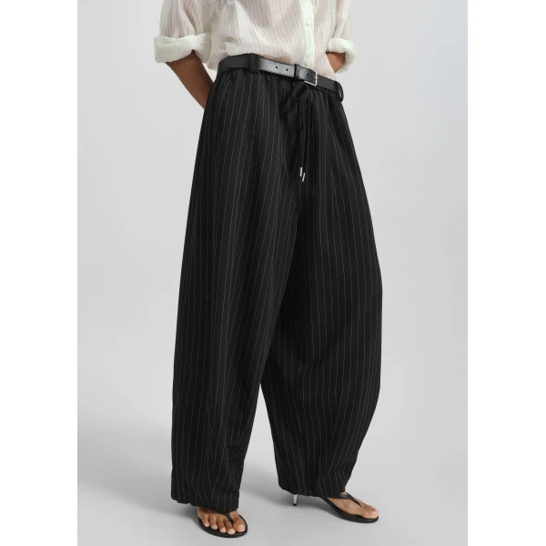The Frankie Shop Rilton Drawstring Pants - Black/White Pinstripe - Oversized Minimalist Pants in Black - Shop at Luxury Shoes 