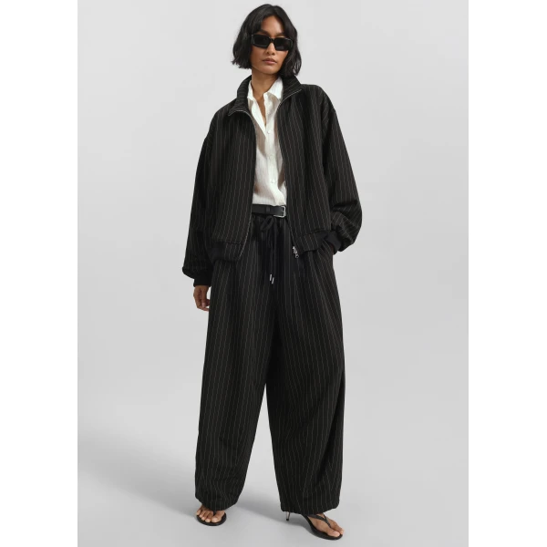The Frankie Shop Rilton Drawstring Pants - Black/White Pinstripe - Oversized Minimalist Pants in Black - Shop at Luxury Shoes 