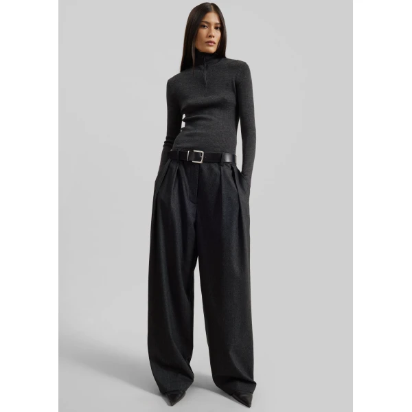 The Frankie Shop Ripley Flannel Pleated Trousers - Dark Grey - Oversized Minimalist Pants in Grey - Shop at Luxury Shoes 
