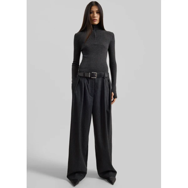 The Frankie Shop Ripley Flannel Pleated Trousers - Dark Grey - Oversized Minimalist Pants in Grey - Shop at Luxury Shoes 