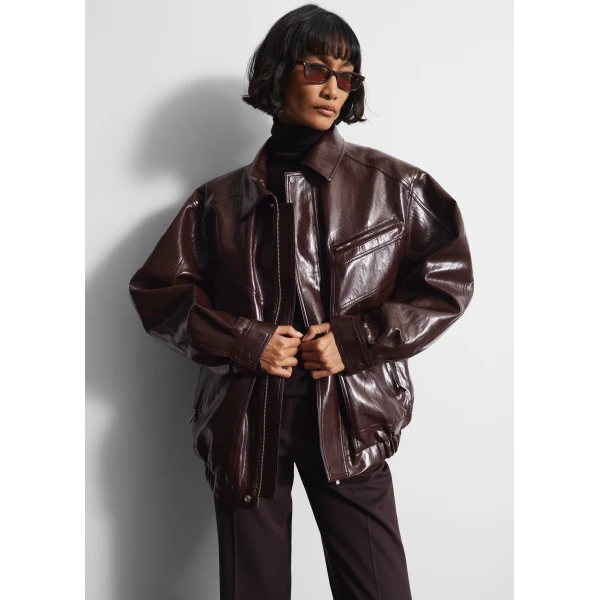 The Frankie Shop Risner Faux Leather Jacket - Burgundy - Oversized Minimalist Jackets in Red - Shop at Luxury Shoes 