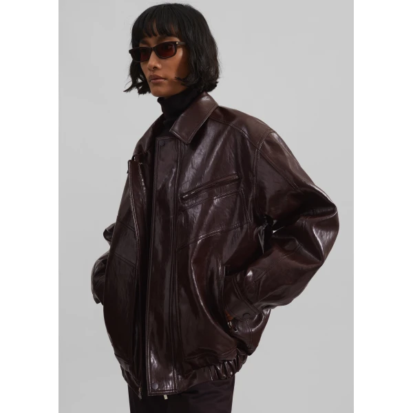 The Frankie Shop Risner Faux Leather Jacket - Burgundy - Oversized Minimalist Jackets in Red - Shop at Luxury Shoes 