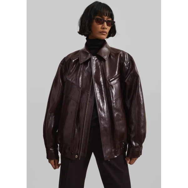 The Frankie Shop Risner Faux Leather Jacket - Burgundy - Oversized Minimalist Jackets in Red - Shop at Luxury Shoes 