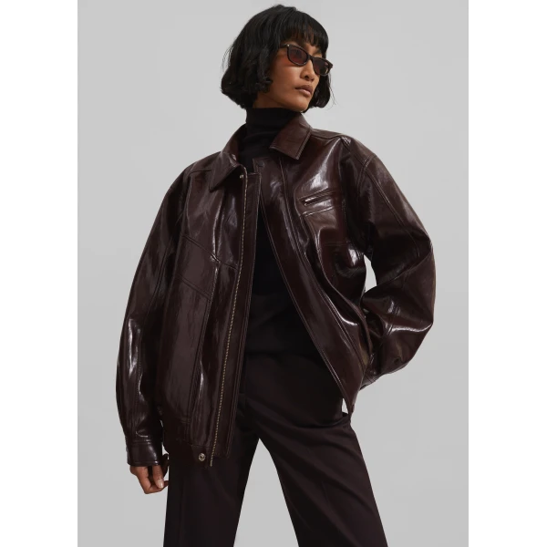 The Frankie Shop Risner Faux Leather Jacket - Burgundy - Oversized Minimalist Jackets in Red - Shop at Luxury Shoes 