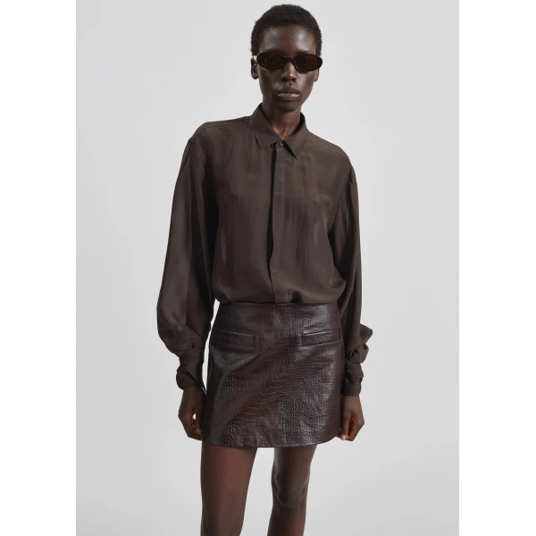 The Frankie Shop Rory Croc Leather Mini Skirt - Dark Brown - Oversized Minimalist Skirts in Brown - Shop at Luxury Shoes 
