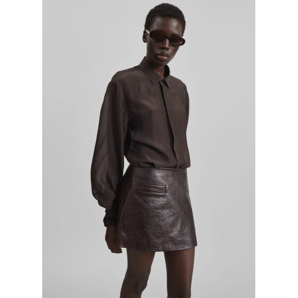 The Frankie Shop Rory Croc Leather Mini Skirt - Dark Brown - Oversized Minimalist Skirts in Brown - Shop at Luxury Shoes 