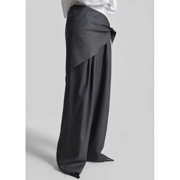 The Frankie Shop Rovigo Scarf Wrap Pants - Grey Stripe - Oversized Minimalist Pants in Grey - Shop at Luxury Shoes 