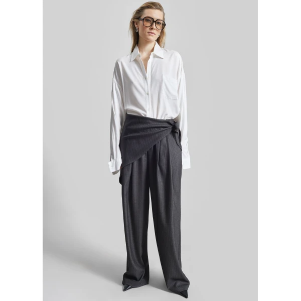 The Frankie Shop Rovigo Scarf Wrap Pants - Grey Stripe - Oversized Minimalist Pants in Grey - Shop at Luxury Shoes 