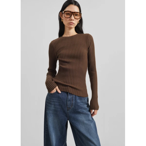 The Frankie Shop Ruan Ribbed Knit Top - Brown - Oversized Minimalist Tops in Brown - Shop at Luxury Shoes 