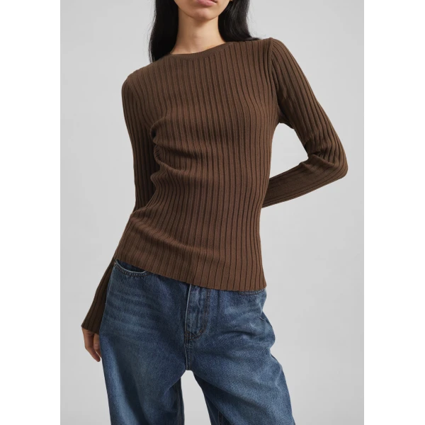 The Frankie Shop Ruan Ribbed Knit Top - Brown - Oversized Minimalist Tops in Brown - Shop at Luxury Shoes 