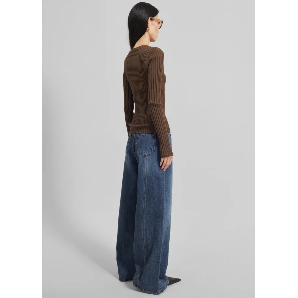 The Frankie Shop Ruan Ribbed Knit Top - Brown - Oversized Minimalist Tops in Brown - Shop at Luxury Shoes 