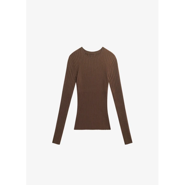 The Frankie Shop Ruan Ribbed Knit Top - Brown - Oversized Minimalist Tops in Brown - Shop at Luxury Shoes 