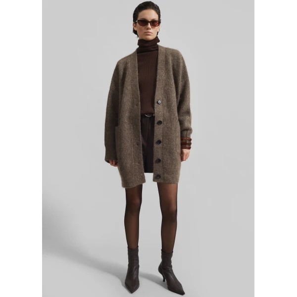 The Frankie Shop Ruhr Oversized Mohair Cardigan - Brown - Oversized Minimalist Knitwear in Brown - Shop at Luxury Shoes 
