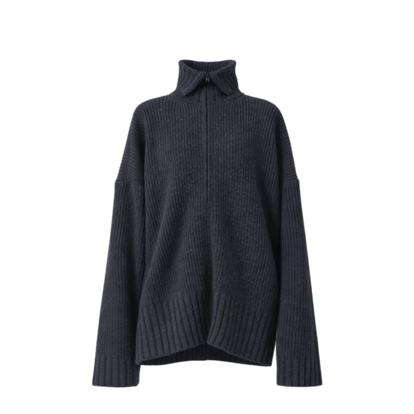 The Frankie Shop Saclay Oversized Zip-Up Cardigan - Charcoal - Oversized Minimalist Knitwear in Blue - Shop at Luxury Shoes 