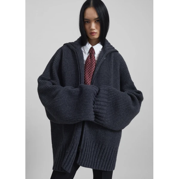 The Frankie Shop Saclay Oversized Zip-Up Cardigan - Charcoal - Oversized Minimalist Knitwear in Blue - Shop at Luxury Shoes 