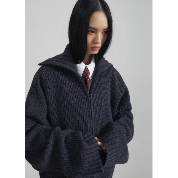 The Frankie Shop Saclay Oversized Zip-Up Cardigan - Charcoal - Oversized Minimalist Knitwear in Blue - Shop at Luxury Shoes 