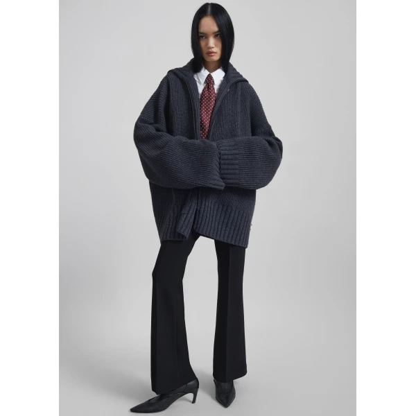 The Frankie Shop Saclay Oversized Zip-Up Cardigan - Charcoal - Oversized Minimalist Knitwear in Blue - Shop at Luxury Shoes 