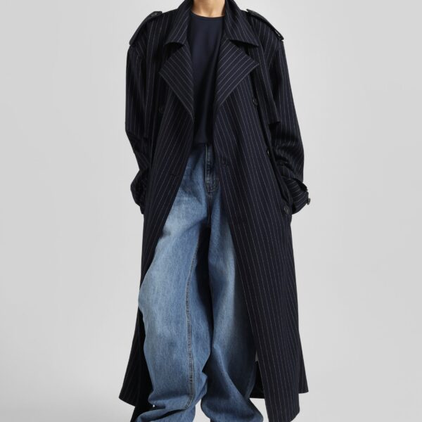 The Frankie Shop Salford Pinstripe Trench – Navy Coat, view 2