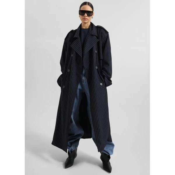 The Frankie Shop Salford Pinstripe Trench - Navy - Oversized Minimalist Coats in Blue - Shop at Luxury Shoes 