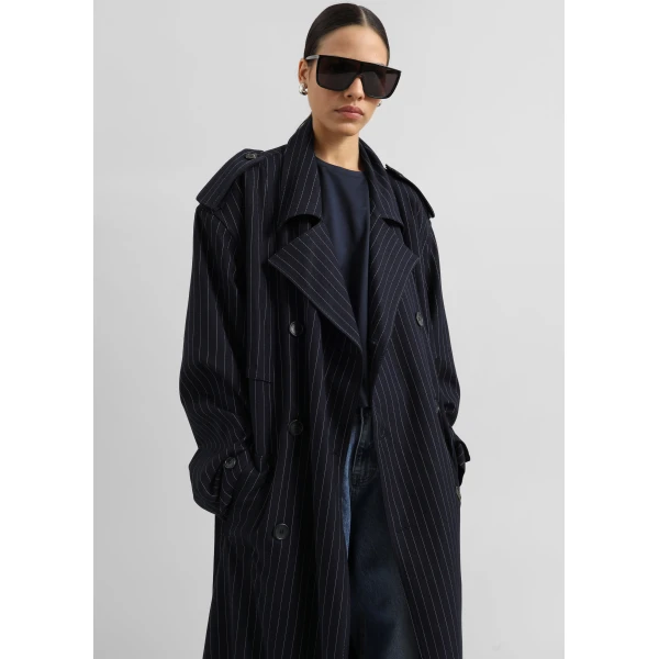 The Frankie Shop Salford Pinstripe Trench - Navy - Oversized Minimalist Coats in Blue - Shop at Luxury Shoes 