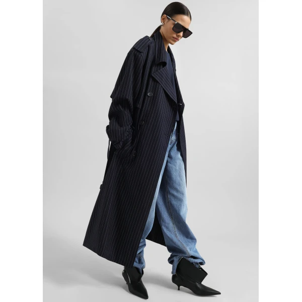 The Frankie Shop Salford Pinstripe Trench - Navy - Oversized Minimalist Coats in Blue - Shop at Luxury Shoes 
