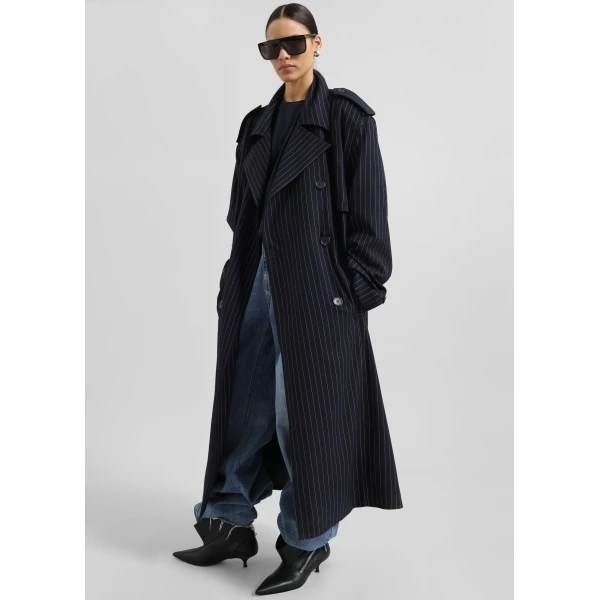 The Frankie Shop Salford Pinstripe Trench - Navy - Oversized Minimalist Coats in Blue - Shop at Luxury Shoes 
