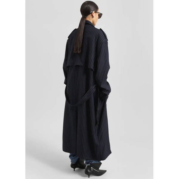 The Frankie Shop Salford Pinstripe Trench - Navy - Oversized Minimalist Coats in Blue - Shop at Luxury Shoes 