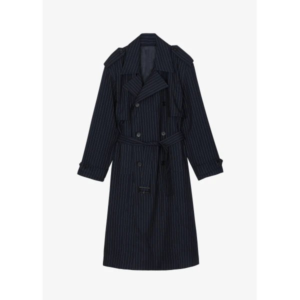 The Frankie Shop Salford Pinstripe Trench - Navy - Oversized Minimalist Coats in Blue - Shop at Luxury Shoes 