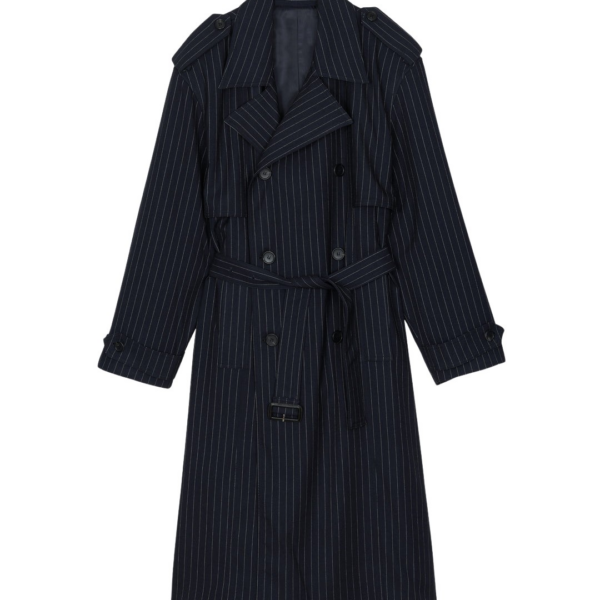 The Frankie Shop Salford Pinstripe Trench - Navy - Oversized Minimalist Coats in Blue - Shop at Luxury Shoes 