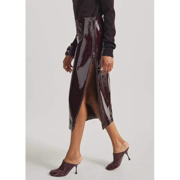 The Frankie Shop Samantha Patent Zip Skirt - Burgundy - Oversized Minimalist Skirts in Red - Shop at Luxury Shoes 