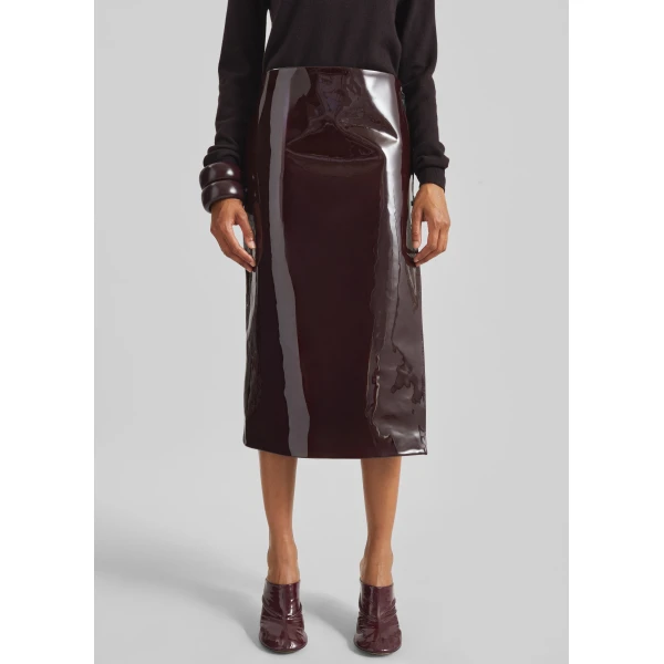 The Frankie Shop Samantha Patent Zip Skirt - Burgundy - Oversized Minimalist Skirts in Red - Shop at Luxury Shoes 