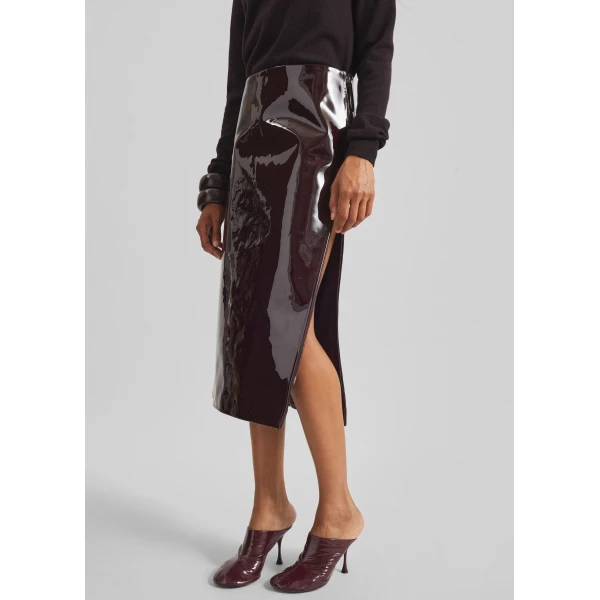 The Frankie Shop Samantha Patent Zip Skirt - Burgundy - Oversized Minimalist Skirts in Red - Shop at Luxury Shoes 
