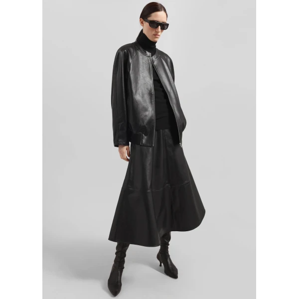 The Frankie Shop Savil Leather Midi Skirt - Black - Oversized Minimalist Skirts in Black - Shop at Luxury Shoes 