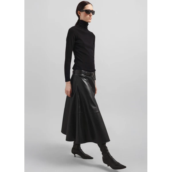 The Frankie Shop Savil Leather Midi Skirt - Black - Oversized Minimalist Skirts in Black - Shop at Luxury Shoes 