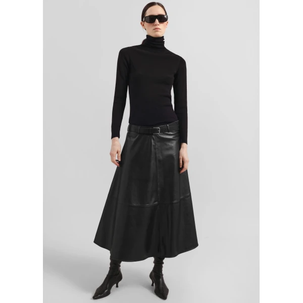 The Frankie Shop Savil Leather Midi Skirt - Black - Oversized Minimalist Skirts in Black - Shop at Luxury Shoes 