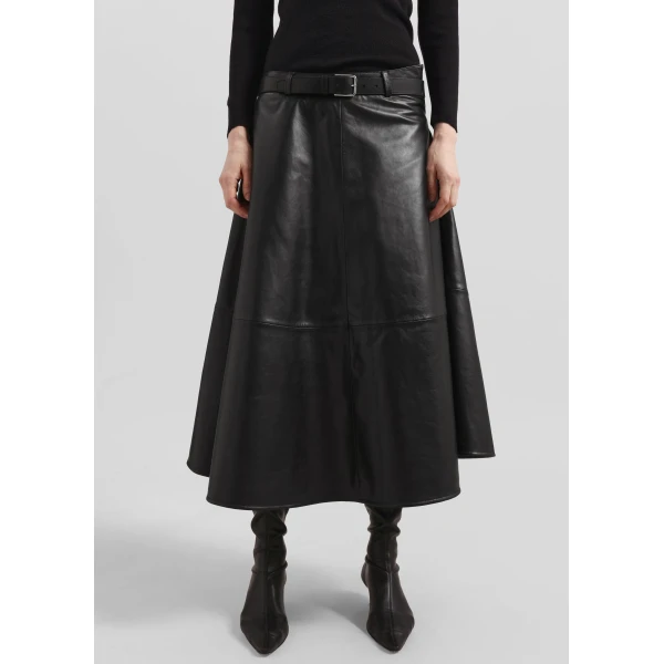 The Frankie Shop Savil Leather Midi Skirt - Black - Oversized Minimalist Skirts in Black - Shop at Luxury Shoes 