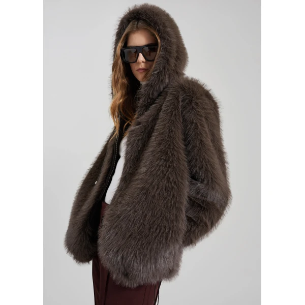 The Frankie Shop Savoie Faux Fur Hooded Jacket - Brown - Oversized Minimalist Jackets in Brown - Shop at Luxury Shoes 