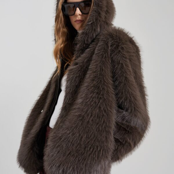 The Frankie Shop Savoie Faux Fur Hooded Jacket – Brown, view 4