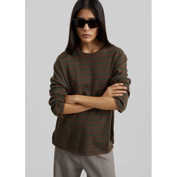The Frankie Shop Sena Knit Pullover - Brown/Green Stripe - Oversized Minimalist Knitwear in Brown - Shop at Luxury Shoes 