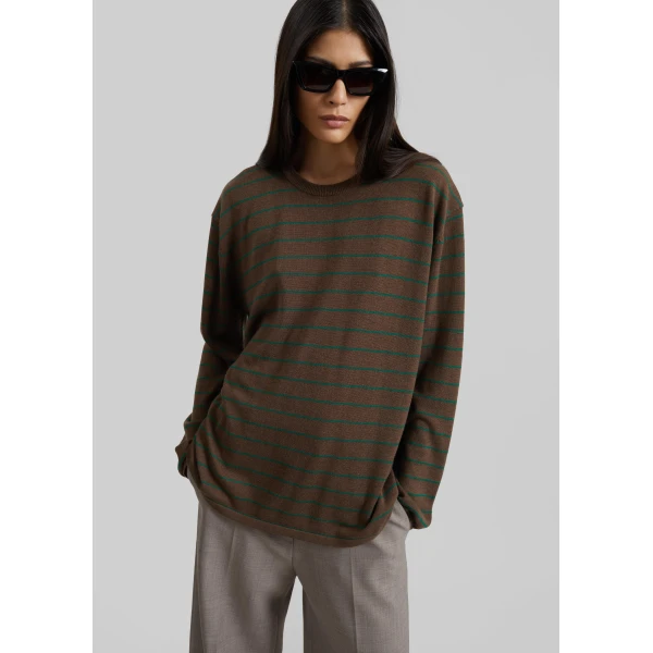 The Frankie Shop Sena Knit Pullover - Brown/Green Stripe - Oversized Minimalist Knitwear in Brown - Shop at Luxury Shoes 