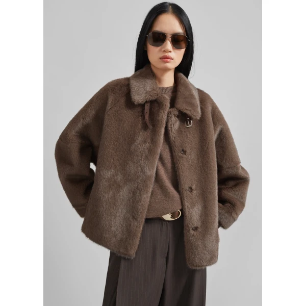 The Frankie Shop Senja Faux Fur Jacket - Brown - Oversized Minimalist Jackets in Brown - Shop at Luxury Shoes 