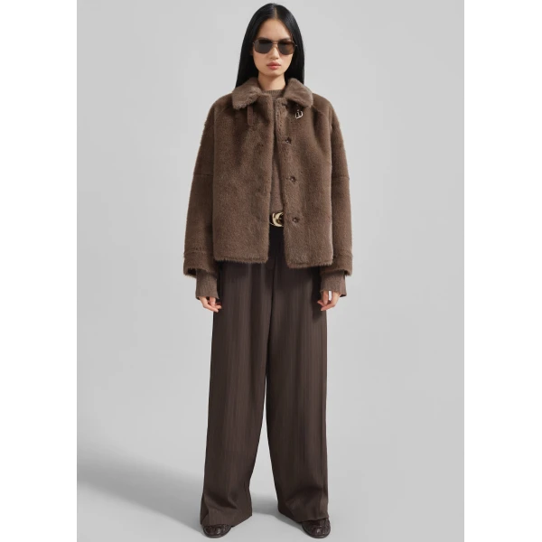 The Frankie Shop Senja Faux Fur Jacket - Brown - Oversized Minimalist Jackets in Brown - Shop at Luxury Shoes 