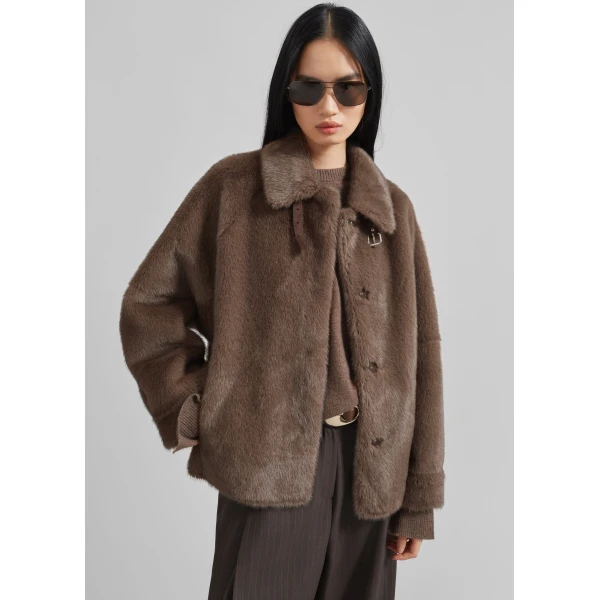 The Frankie Shop Senja Faux Fur Jacket - Brown - Oversized Minimalist Jackets in Brown - Shop at Luxury Shoes 