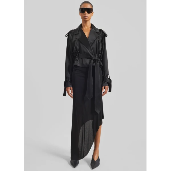 The Frankie Shop Simona Satin Short Trench - Black - Oversized Minimalist Shorts in Black - Shop at Luxury Shoes 