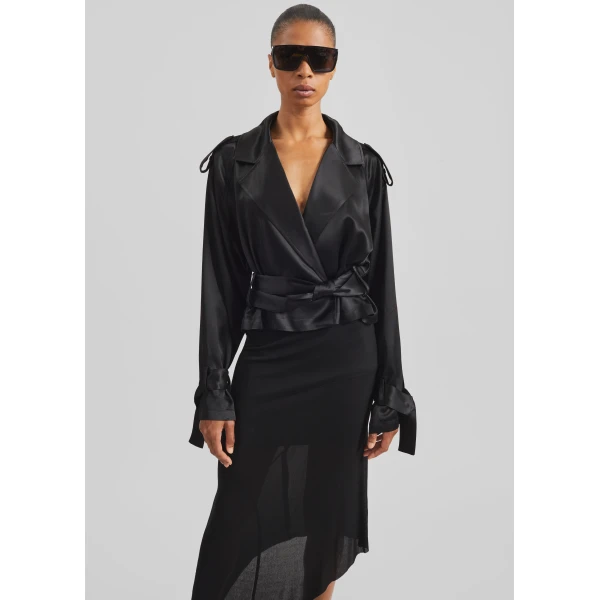 The Frankie Shop Simona Satin Short Trench - Black - Oversized Minimalist Shorts in Black - Shop at Luxury Shoes 