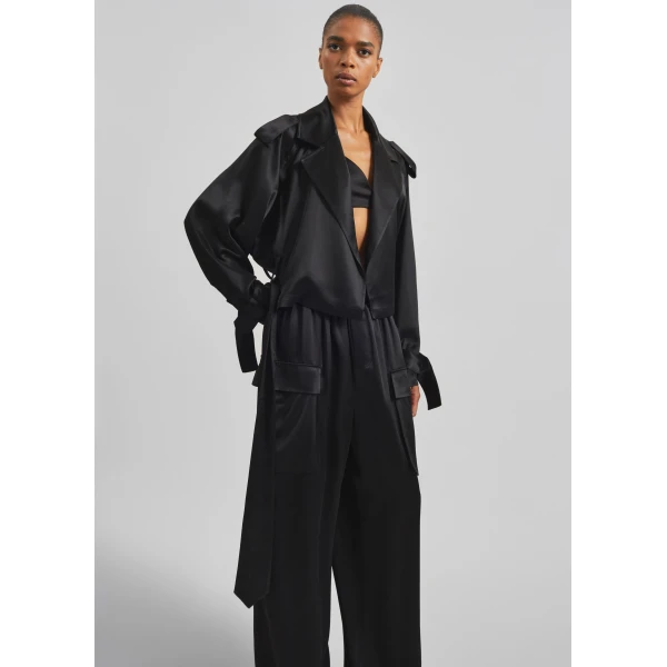 The Frankie Shop Simona Satin Short Trench - Black - Oversized Minimalist Shorts in Black - Shop at Luxury Shoes 