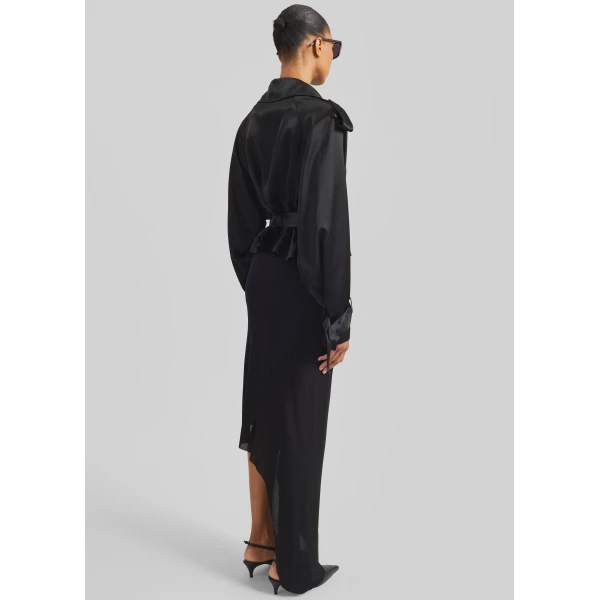 The Frankie Shop Simona Satin Short Trench - Black - Oversized Minimalist Shorts in Black - Shop at Luxury Shoes 