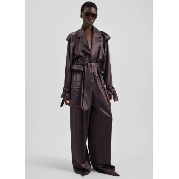 The Frankie Shop Simona Satin Short Trench - Dark Brown - Oversized Minimalist Shorts in Brown - Shop at Luxury Shoes 